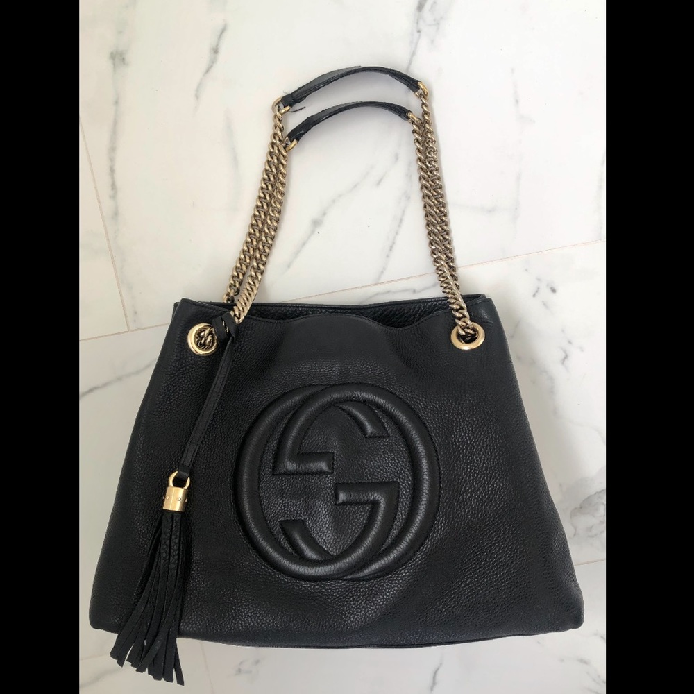 Gucci Disco Chain Strap Tote Black Pebble Leather